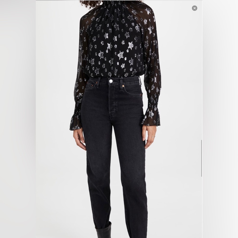 Ramy Brook Stassi Star Print Blouse Black Sheer Long Sleeve High Neck